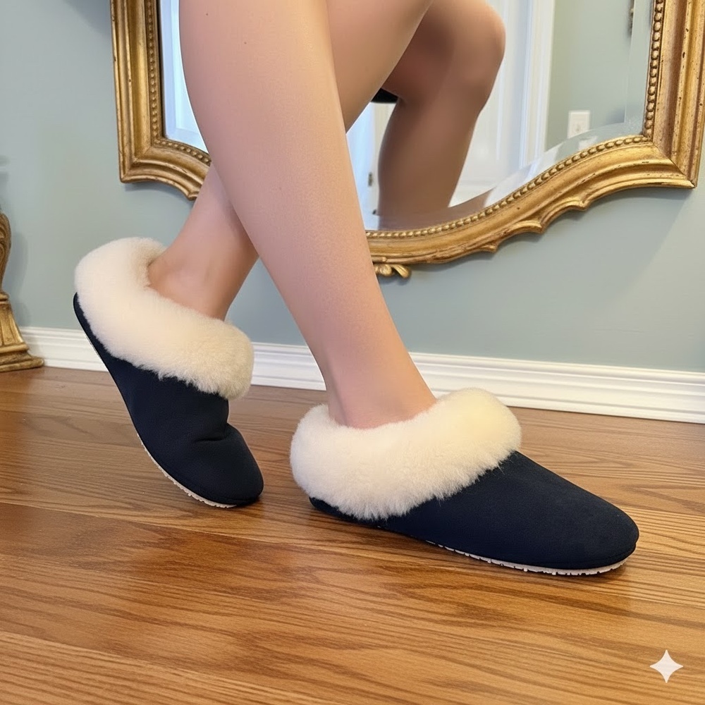 NWOB The Vermont Country Store Women's Sheepskin Ballet Slippers Navy Size 7